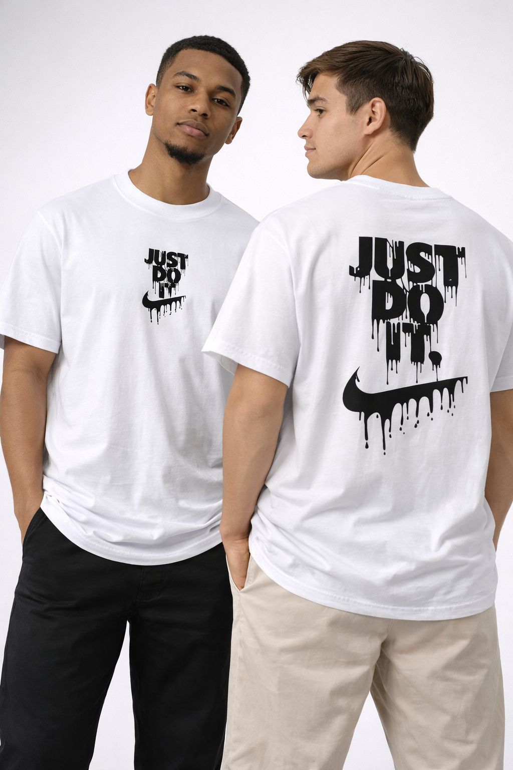 Camiseta Branca Just Do It com estampa drip preta - frente e costas